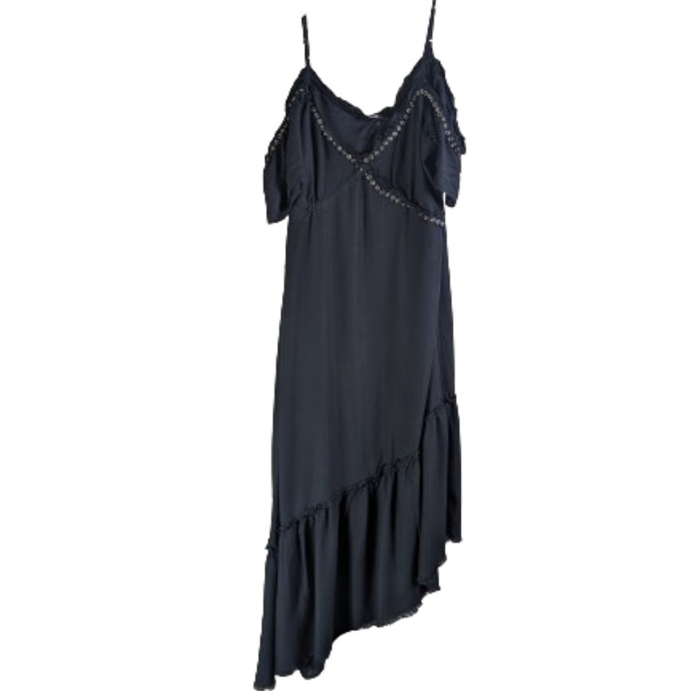 Paige Black off the shoulder hi-low side metal detail lined neck midi dress sz.M
